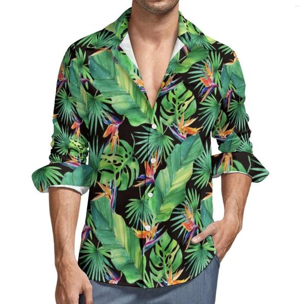 Camisas informales para hombre, camisa con estampado tropical de la jungla, blusas estéticas con estampado de pájaro del paraíso de manga larga, Top de gran tamaño a la moda de primavera