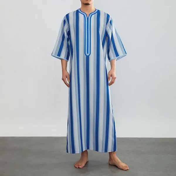 Camisas casuales de los hombres Kaftan bata con cuello en V media manga estampado a rayas hasta el tobillo vestido de noche camisa suelta