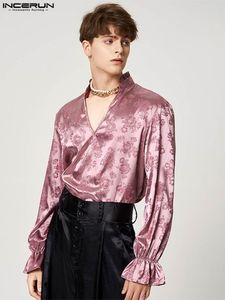 Chemises décontractées pour hommes Kaus Pria Fashion 2023 Elegan Streetwear Camisa Masculina Kasual Longgar Ruffle Jacquard Lengan Panjang Leher V S 5XL INCERUN 230509