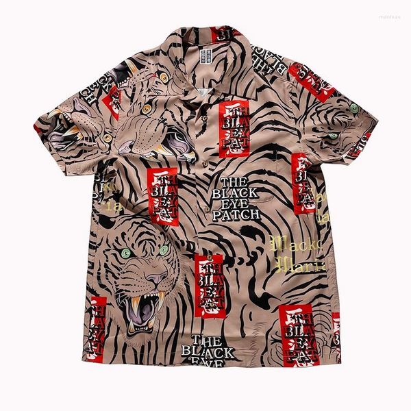 Chemises décontractées pour hommes kaki WACKO MARIA chemise courte hommes femmes Hip Hop Patch pour les yeux noirs tigre Hawaii vacances chaque T-shirt t-shirts