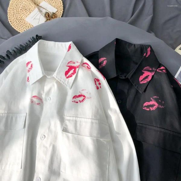 Chemises décontractées pour hommes Kiss Print Chemise pour hommes avec revers vintage manches longues manteau blanc hommes pour vêtements chemisier harajuku