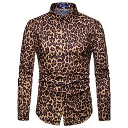 Casual overhemden voor heren KLV herenblouse van katoenmix met lange mouwen Herenmode luipaardprint bedrukte slanke tops252o