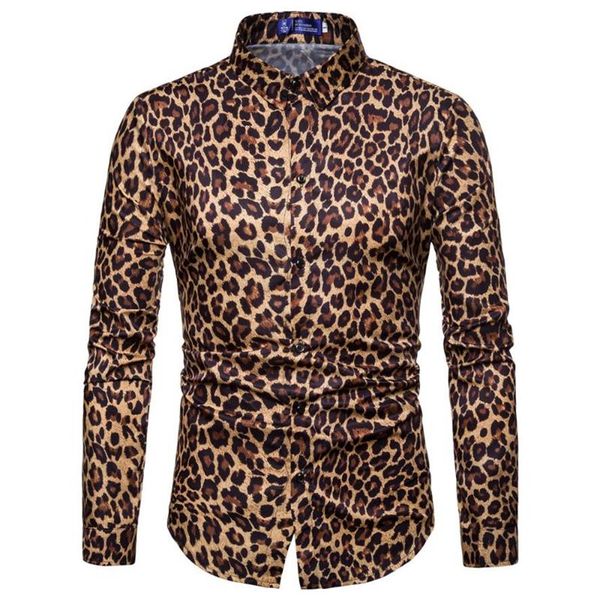 Chemises décontractées pour hommes KLV Manches longues Homme Coton Mélange Blouse Mens Mode Léopard Imprimé Slim Tops3130