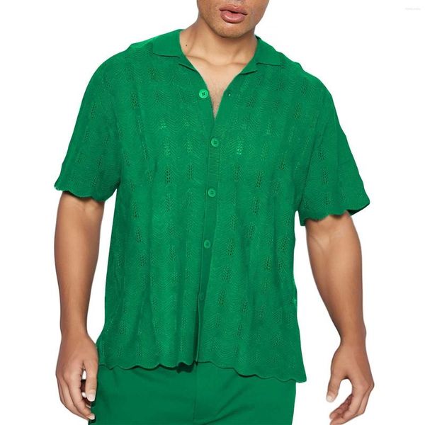Chemises décontractées pour hommes tricot pour hommes couleur unie à manches courtes bouton cardigan loisirs col rabattu salon maison-usure hauts vêtements
