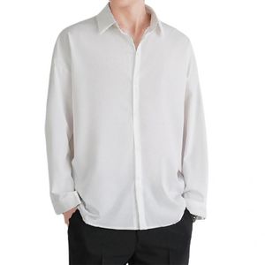 Camisas informales para hombre, moda coreana, drapeado para hombre, camisa de manga larga, cuello vuelto, cierre de botones suaves, Top de Color sólido