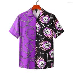 Casual shirts voor heren Koszula Purple Black Patchwork Vintage Shirt Summer Mens Hawaiian Short Sleeve Skull Gedrukt Oversized Beach Man Hemd