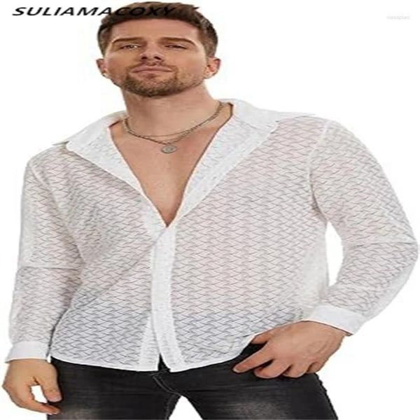 Camisas casuales para hombres Camisa transparente de encaje Ropa de hombre de manga larga de malla hueca sexy
