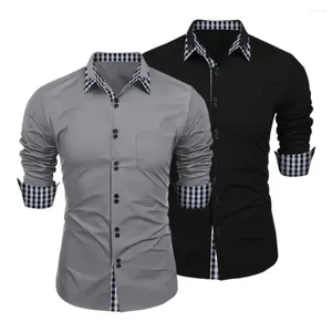 Chemises décontractées pour hommes Col à revers Chemise boutonnée Élégant Colorblock Plaid Print Cardigan Manteau avec coupe ajustée à manches longues pour Streetwear