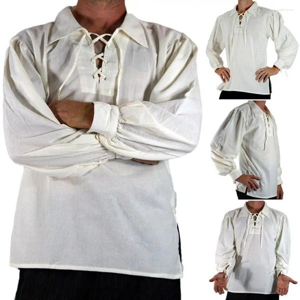 Camisas casuales para hombres Diseño de correa de puño de solapa Camisa de hombre Renacimiento medieval Cosplay con cordones Manga larga Ajuste suelto para adultos históricos