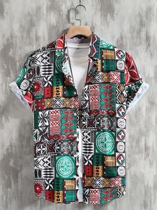 Chemises décontractées pour hommes revers et motif ethnique imprimées à manches courtes pour femmes