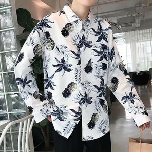 Camisas informales para hombre, solapa, manga larga, bolsillo de parche de un solo pecho, camisa para hombre, primavera otoño, estampado de árbol de coco, prenda superior hawaiana