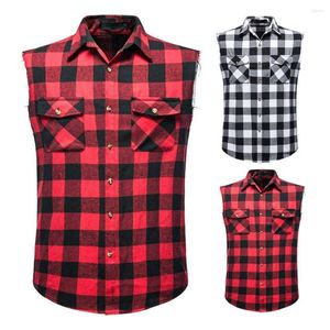 Casual shirts voor heren revers Vest Shirt Anti Pilling Single Breasted Men Snel drogen Slim Fit Summer Plaid Print Mouwess Daily Garment