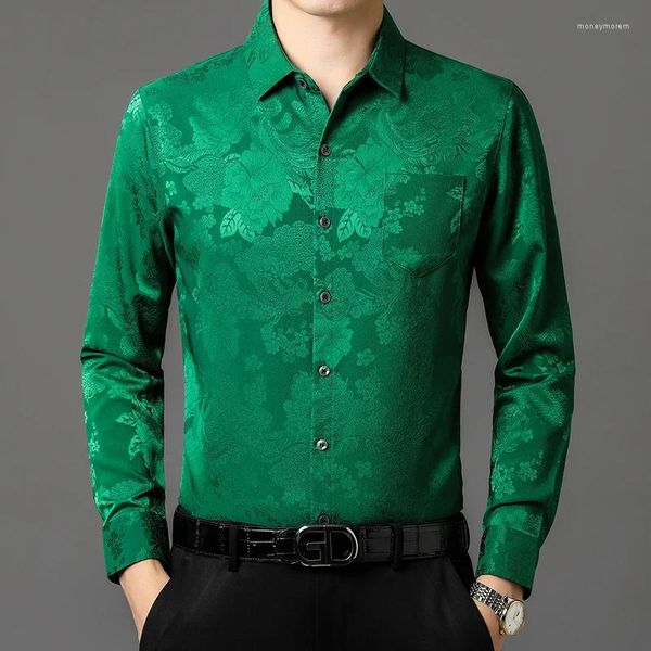 Camisas casuales para hombres Vestido verde de lujo de gran tamaño Blusa de flores para hombre Azul real Caballero Oficina de negocios Ropa de trabajo Ropa de fiesta de bodas