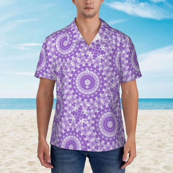 Camisas casuales para hombres Camisa de mandala de lavanda Estampado morado y blanco Teal Floral Clásico Hombre hawaiano Diseño de vacaciones Blusas de gran tamaño