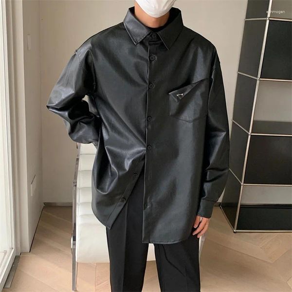 Chemises décontractées pour hommes Chemise en cuir Hommes surdimensionnés Mode Beige Noir Streetwear Coréen Lâche Manches longues Hommes Top