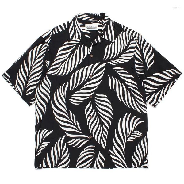 Camisas casuales para hombres hojas estampadas completas wacko maria hawaii hombres mujeres verano 1: 1 collar abierto de alta calidad tops retro tops tee