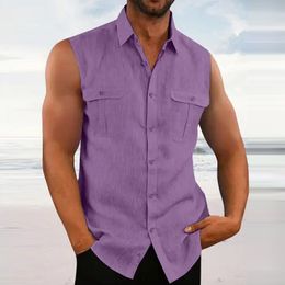 Camisas casuales para hombres Ocio Algodón Lino Camisetas sin mangas 2023 Primavera Verano Color sólido Abotonado Solapa Sin mangas Chaleco Camisa Moda Camisola 230511