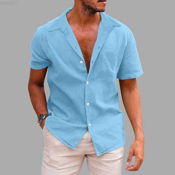 Chemises décontractées pour hommes Loisirs Couleur Pure Lâche Linge Hommes Chemises À Manches Courtes Boutonné Revers Chemise Décontractée Tops Nouvel Été Hommes Vêtements Plage Style Tops L230715