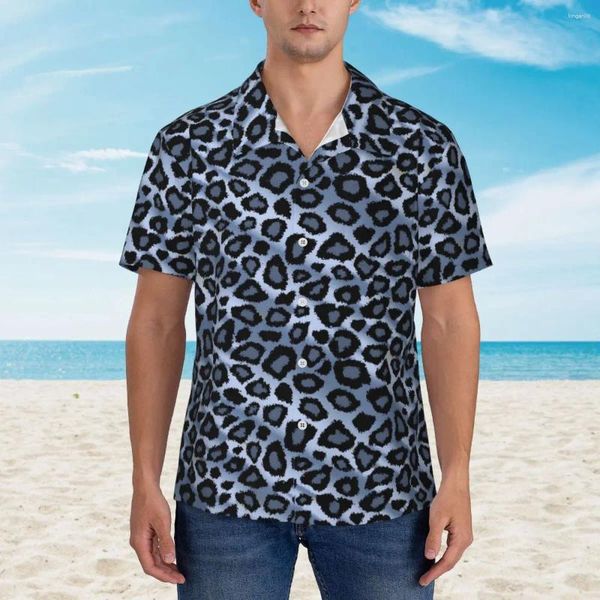 Chemises décontractées pour hommes Chemise à imprimé animal léopard bleu et gris élégant hawaïen homme à manches courtes plage design de mode chemisiers surdimensionnés