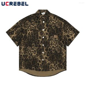 Casual shirts voor heren Leopard T-shirt Heren Summer High Street Pocket Rapel Revel Helft mouw met één borsten gebogen zoom mannen