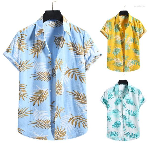 Chemises décontractées pour hommes Feuilles bleues claires Impression 3D Hawaii Beach Chemise à manches courtes Hommes Été 2022 Qualité Coton Lin Mode Chemise Homme