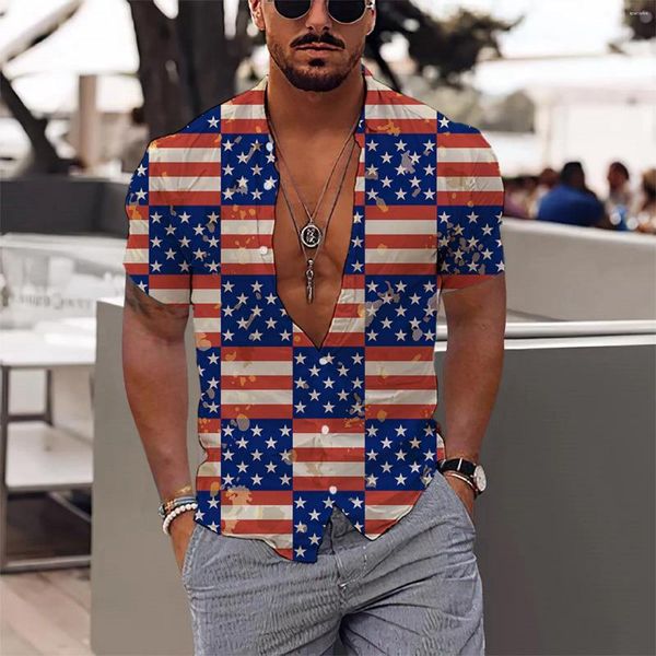 Camisas casuales para hombres Hombres ligeros Moda para hombre y ocio Impresión digital 3D Botón Solapa Día de la Independencia Corto Ultra Algodón Romper Shorts