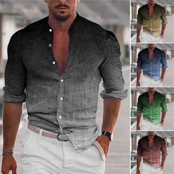 Chemises décontractées pour hommes Chemise légère pour hommes Col montant élégant avec impression 3D Couleur dégradée Slim Fit Design à manches longues Doux pour