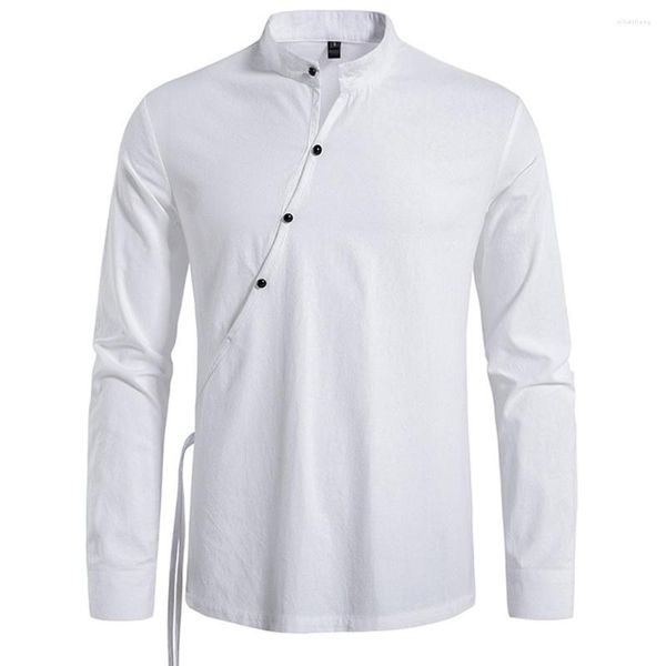 Camisas casuales de los hombres Lino Retro Oblicuo Placket Polo Shirt Mans Top Tees Manga larga Caqui Negro Blanco Verano T para hombre Ropa europea