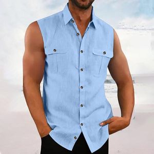 Chemises décontractées pour hommes chemise en lin été haut de plage noir vin bleu sans manches couleur unie hawaïen t-shirt col sweat vêtements