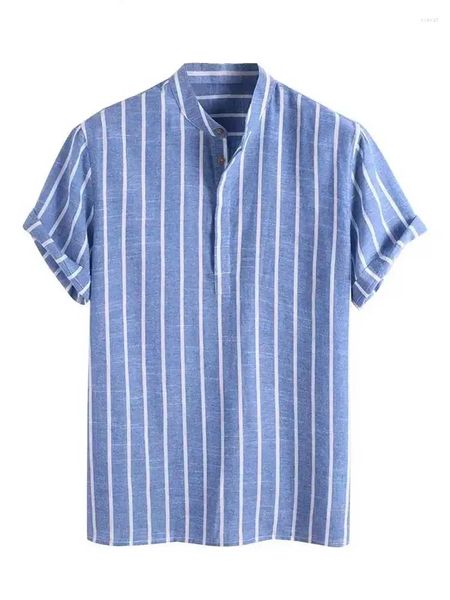 Camisas casuales para hombres lino manga corta botón camisa para hombres playa de verano boda a rayas