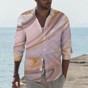 Casual shirts voor heren vloeibare mannen roze marmer en goud shirt lange mouw vintage stijlvolle blouses herfst grafische tops plus size maten