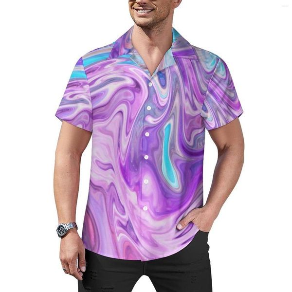 Chemises décontractées pour hommes liquide tourbillon chemise de plage bleu violet Art abstrait hawaïen mâle élégant Blouses à manches courtes vêtements grande taille