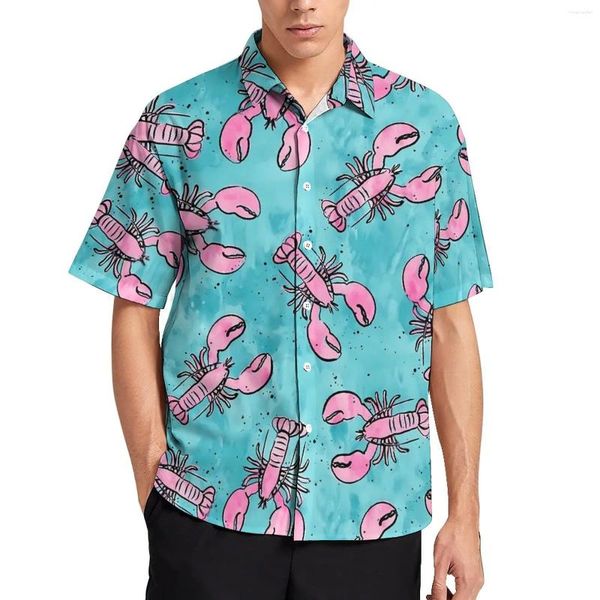 Camisas casuales para hombres Blusas con estampado de langostas Hombre Rosa y azul Verano Manga corta Gráfico Elegante Camisa de vacaciones de gran tamaño Idea de regalo