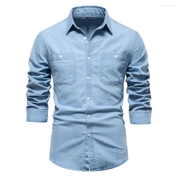 Camisas casuales para hombres Long Li 2023 Camisa de mezclilla de otoño Algodón Elástico Diseño social Bolsillos dobles Jeans delgados para hombres