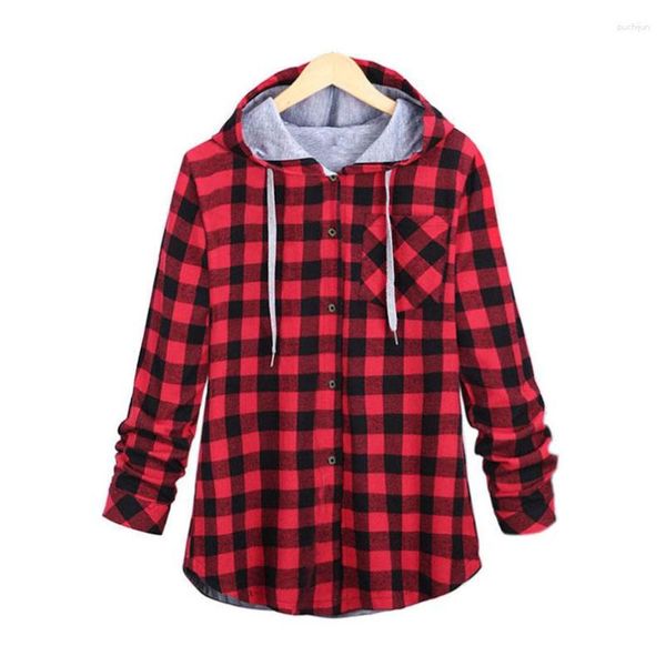 Camisas casuales para hombres Camisa larga a cuadros Hombres Mujeres Con capucha Escocés Negro Chaqueta de manga roja Marca Harajuku Coat