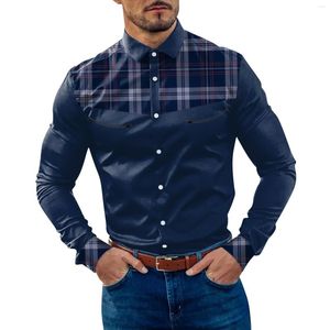 Casual shirts voor heren lang shirt losse blouse button down heren mode plaid patchwork kleur gemonteerd sweatshirt wollen vest