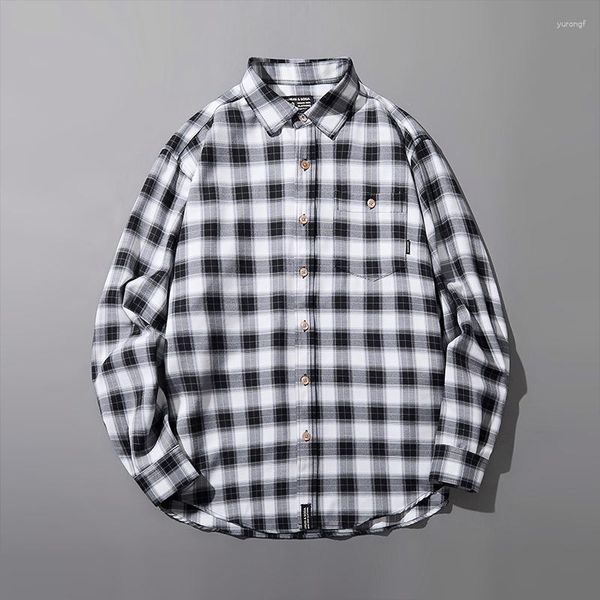 Chemises décontractées pour hommes Chemise à carreaux à carreaux contrastants à manches longues Conception de poche en coton Coupe standard boutonné Vichy