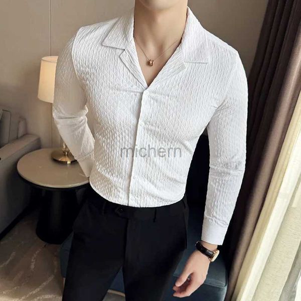 Camisas casuales para hombres Camisa de cuello cubano de manga larga para hombres Vestidos para hombres delgados de estilo esbelto