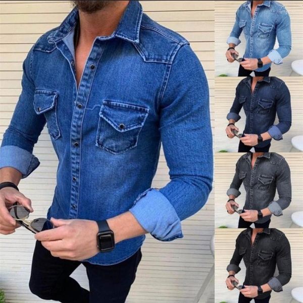 Camisas informales para hombre, vaquera de manga larga para hombre, blusas vaqueras ajustadas con un solo botón, Tops de talla grande M-3XL