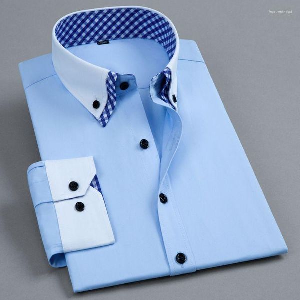 Chemises décontractées pour hommes à manches longues double col créateur de mode coréen slim fit business robe chemise bleu coton non fer anti-rides