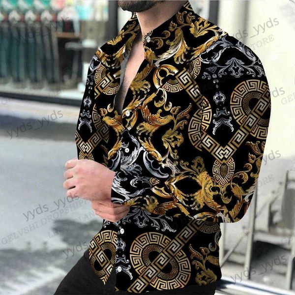 Chemises décontractées pour hommes Chemises hawaïennes à manches longues Hommes Chemise de mode de luxe Style européen Blouse Golden Beach Blouse Hommes Vêtements Vocation Camisas Mâle T240124