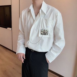 Chemises décontractées pour hommes à manches longues de haute qualité en métal chaîne décorative couleur blanche Camisa Masculina vêtements chemise à col à revers 230823