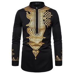 Chemises décontractées pour hommes à manches longues de luxe or imprimé fleuri Henley Style ethnique col montant Dashiki africain 220905