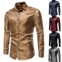 Chemises décontractées pour hommes Chemise à manches longues Rose Bouton d'impression Slim Fit Formel Noble Luxe Bronze Palace Style
