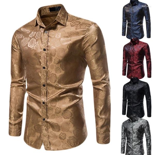 Camisas casuales para hombres Camisa de manga larga Botón con estampado de rosas Slim Fit Formal Noble Lujo Bronce Estilo Palacio