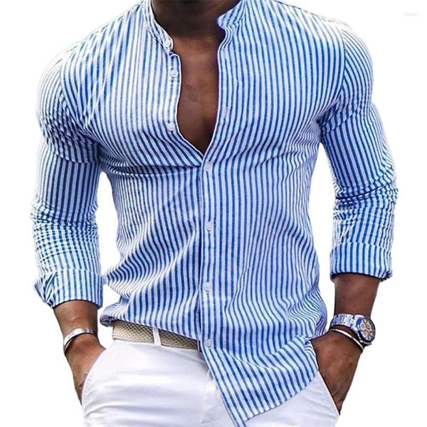 Chemises décontractées pour hommes, chemise rayée à manches longues, chemisier à revers boutonné, haut Cardigan d'automne bleu/rose/gris/vert