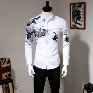 Casual shirts met mannen met lange mouwen herfst reversknop jeugd trend tijger bloemenvogel digitaal printen niet ijzerwit 230403