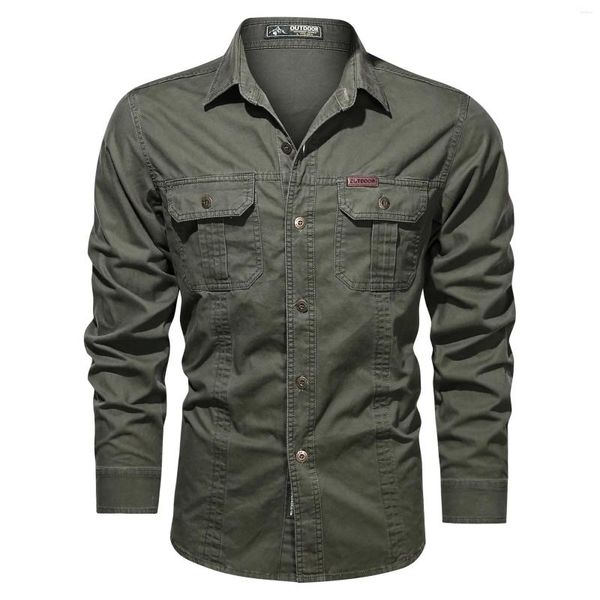 Chemises décontractées pour hommes à manches longues à manches longues à nœuds à nœuds extérieur à poitrine militaire Blouses Tops Spring Fall Cardigan Poches