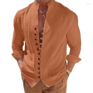 Chemises décontractées pour hommes chemise à manches longues lin 2023 bouton couleur unie polyvalent coupe ample quotidien haut de vacances