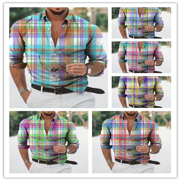 Chemises décontractées pour hommes Street Casual Chemise à manches longues Taille S-5XL 12Colors Hawaiian Plaid rayé pour voyage été lâche surdimensionné haut pour hommes